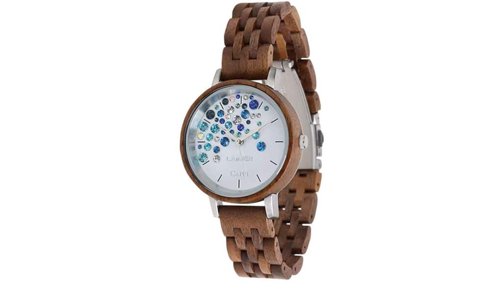 Orologio da polso da donna in legno di noce e quadrante con cristalli Swarovski